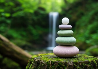 Zen stone cairn balanced on mossy stump with serene waterfall backdrop