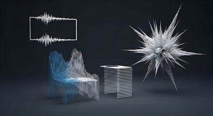 Conceptual data visualization room featuring an abstract soundwave, innovative waveform furniture, and a dynamic spiky digital sculpture.