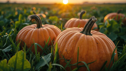 Pumpkins on agricultural field.
