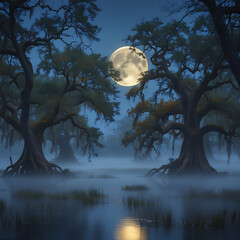 Full Moon Night in a Misty Swamp with Oak Trees 
background.