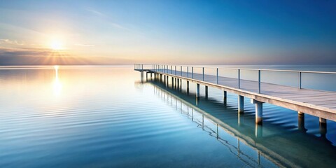 Obraz premium Serene sunrise over tranquil water, reflecting a peaceful pier extending into the calm sea, a picturesque scene of serenity and peace
