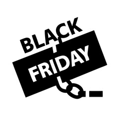 Black Friday icon, black tag connected with chain, transparent background