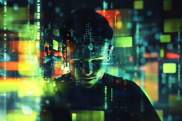 Cybersecurity expert analyzing computer code on a futuristic digital interface, performing a penetration test