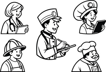 Illustration featuring a doctor, nurse, chef, fireman, and another doctor in black and white outline