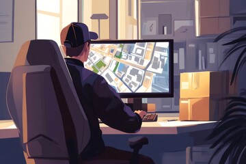 Logistics worker tracking shipments on a digital map, ensuring efficient delivery and customer satisfaction