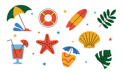 Colorful Vector Icon Set Featuring Fun and Playful Beach Elements for Summer Vacation, Travel, Sea Holiday, and Coastal Lifestyle Designs, Vectors, Graphic Design