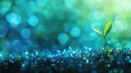 predominantly blue and green color palette, featuring a minimalist style of a seed sprouting from the ground
