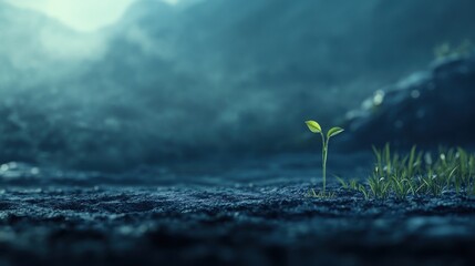 predominantly blue and green color palette, featuring a minimalist style of a seed sprouting from the ground
