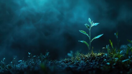 predominantly blue and green color palette, featuring a minimalist style of a seed sprouting from the ground
