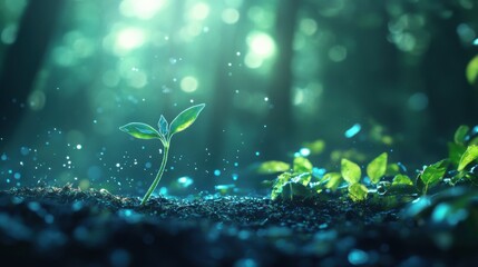 predominantly blue and green color palette, featuring a minimalist style of a seed sprouting from the ground
