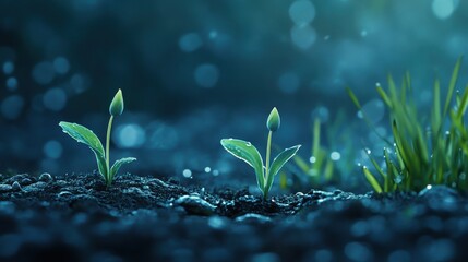 predominantly blue and green color palette, featuring a minimalist style of a seed sprouting from the ground
