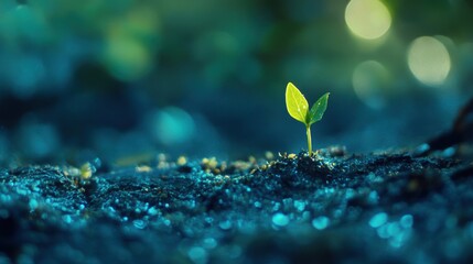 predominantly blue and green color palette, featuring a minimalist style of a seed sprouting from the ground
