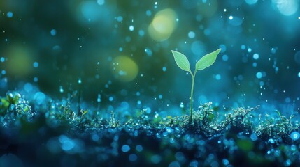 predominantly blue and green color palette, featuring a minimalist style of a seed sprouting from the ground
