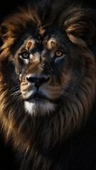 Fototapeta premium A majestic male lion with a dark, thick mane gazes intensely in a dramatic, low-key portrait.