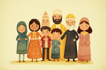 Illustration of a diverse family representing different cultures and religions standing together, promoting unity and diversity
