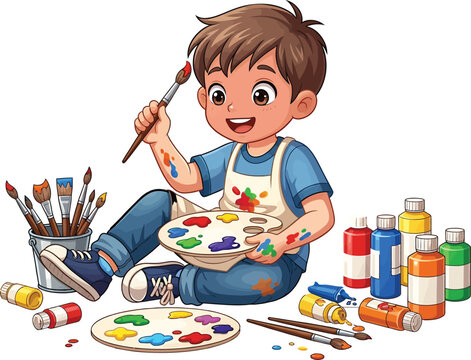 Creative young boy artist happily painting with a colorful palette. Cartoon vector illustration of a child's art hobby and imagination.