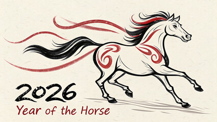 A vintagestyle illustration commemorates the year of the horse in 2026, showcasing a dynamic horse with ink style details and symbolic elements, evoking a sense of tradition and artistic flair