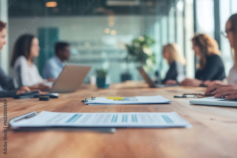 Poster documents lying on meeting table with businesspeople working on laptops in the background, concept o