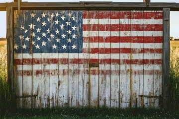American flag painted on a rustic barn with weathered wood in rural America shows patriotic symbol of old glory and pride