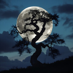 Dark Silhouette of a Twisted Tree Against a Full Moon and Cloudy Night Sky background. 