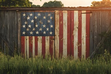 American flag painted on a rustic barn with weathered wood in rural America shows patriotic symbol of old glory and pride