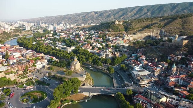 Georgia, Tbilisi, Kura River, Assumption Cathedral Metekhi. Drone view.