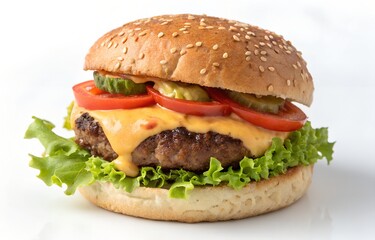 Juicy classic cheeseburger stacked with melted cheese, lettuce, and tomato on clean white background &ndash; fast food, meal, lunch, dinner, breakfast.