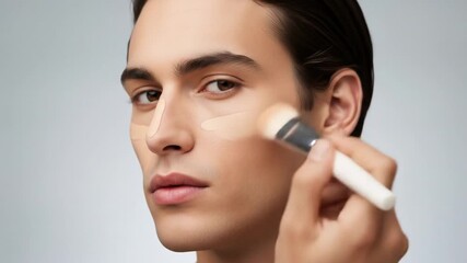 Male beauty routine with facial foundation application using a makeup brush, demonstrating skin