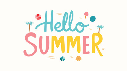 Hello Summer typography design with playful beach icons and pastel tones