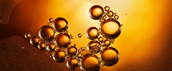 Yellow and orange bubbles, drops of oil in water, olive oil for cooking background.	