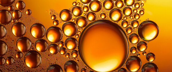 Yellow and orange bubbles, drops of oil in water, olive oil for cooking background.	