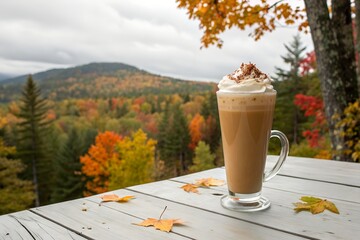 Enjoying an autumn spiced latte with vibrant fall foliage and mountain views