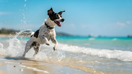 Energetic Dog Playing on the Beach with Splashing Water in Summer