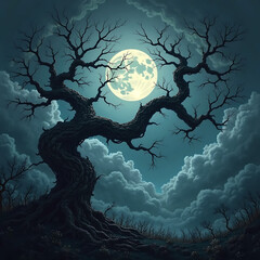 Dark Silhouette of a Twisted Tree Against a Full Moon and Cloudy Night Sky background. 