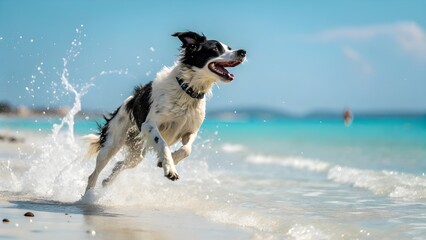 Energetic Dog Playing on the Beach with Splashing Water in Summer