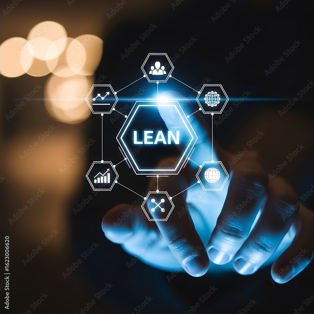 Poster futuristic digital network connecting lean principles with business growth and innovation