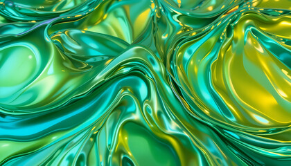Abstract Iridescent Liquid Wave Background for Commercial Use - Shiny Green and Blue Metallic Swirls, Ideal for Cosmetics, Technology, and Luxury Products