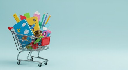 Shopping cart and different flying school stationery on light blue background, Ai generate, Ai generative
