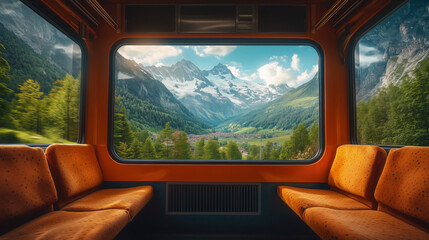 a scenic train ride through the Alps with a panoramic landscape outside the window