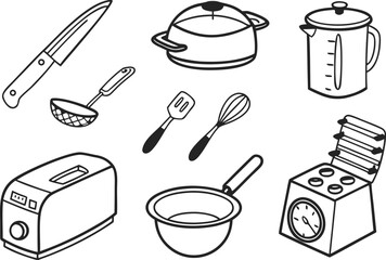 Illustration of kitchen utensils including knife pot ladle spatula whisk toaster pan and oven