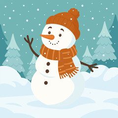 Cute snowman in winter hat scarf cartoon. Smiling snowman in snowy forest. Christmas holiday character illustration. Winter kids decor.