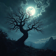 Dark Silhouette of a Twisted Tree Against a Full Moon and Cloudy Night Sky background. 