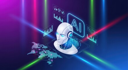 Futuristic artificial intelligence interface with robot head and global data analysis