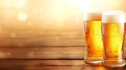 Two frosty beer glasses sit on a wooden table, surrounded by a lively Oktoberfest ambiance and festive decorations