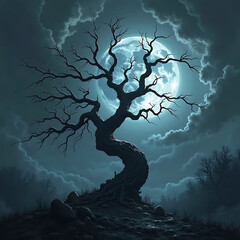 Dark Silhouette of a Twisted Tree Against a Full Moon and Cloudy Night Sky background. 