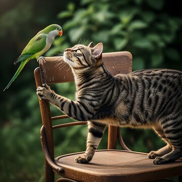 Il gatto ed il pappagallo sopra di una sedia
