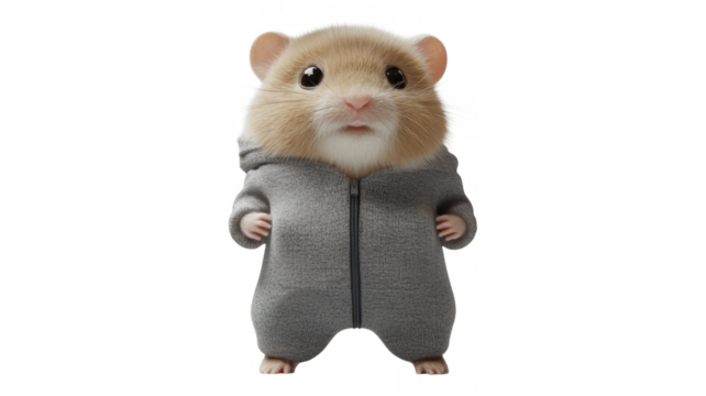 Cute hamster wearing gray hoodie in transparent background with playful expression and posture