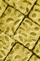 
Close-up of dark yellow and light yellow paving slabs with oval protrusions. Paving slabs...