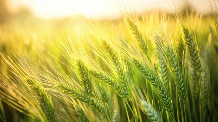 Fototapeta premium Lush green wheat field illuminated by the golden sunlight.