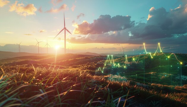 Sustainable energy investment concept showing financial growth with a stock market chart over a wind turbine farm at sunset.